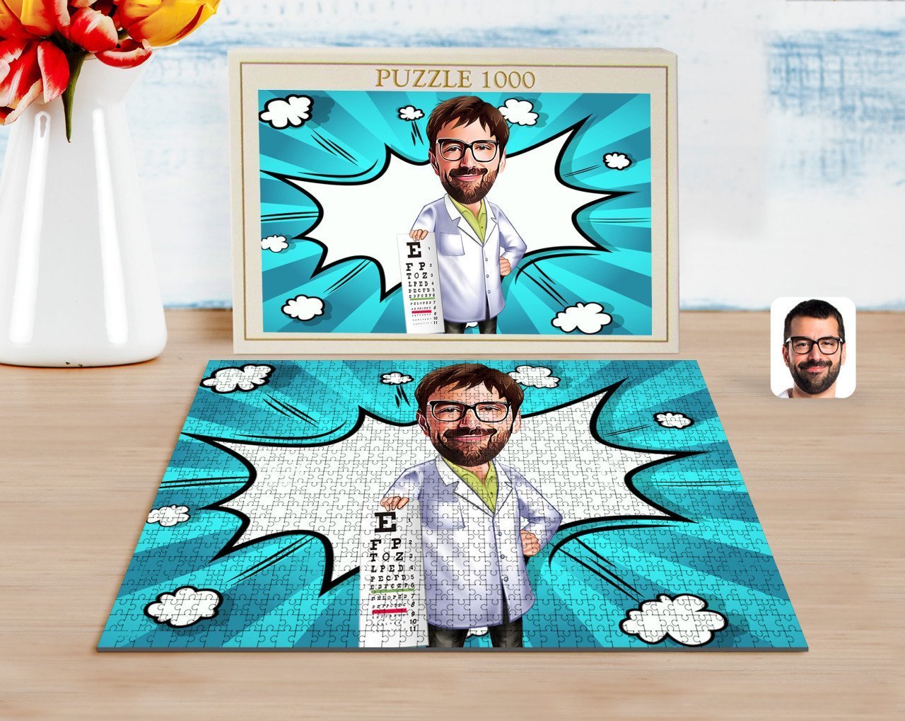 Kişiye Özel Erkek Göz Doktoru Karikatürlü 1000 Parça Profesyonel Puzzle-1