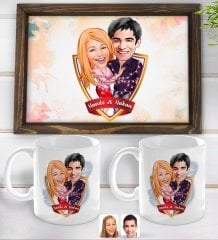 Kişiye Özel İsimli Sevgililer Karikatürlü Doğal Ahşap Tepsi ve 2’li Kupa Bardak Seti-2