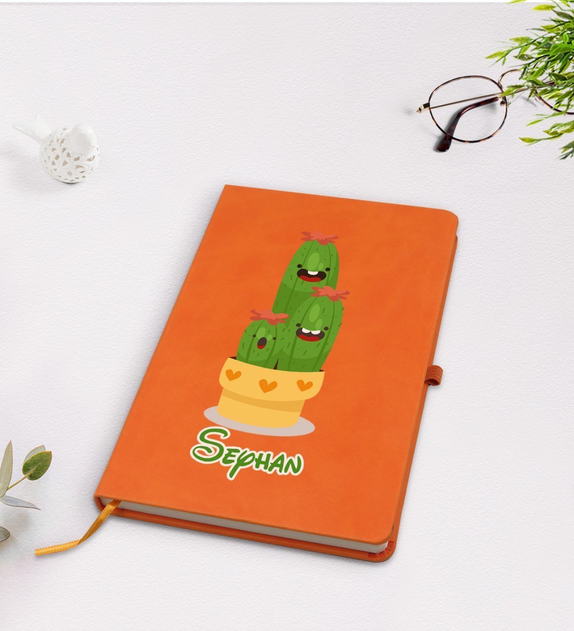 Kişiye Özel Kaktüs Tasarımlı Turuncu Termo Deri Defter Model 9