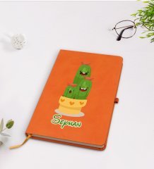 Kişiye Özel Kaktüs Tasarımlı Turuncu Termo Deri Defter Model 9