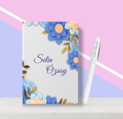 Kişiye Özel Çiçek Desenli Beyaz Defter Kalem Seti-1