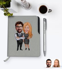 Kişiye Özel Sevgililer Karikatürlü Gri Termo Deri Defter Kalem Seti-100