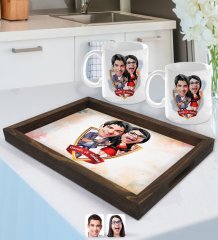 Kişiye Özel İsimli Sevgililer Karikatürlü Doğal Ahşap Tepsi ve 2’li Kupa Bardak Seti-1