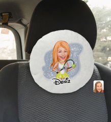 Kişiye Özel İsimli Kadın Tenis Oyuncusu Karikatürlü Yuvarlak Araç Koltuk Yastığı-2