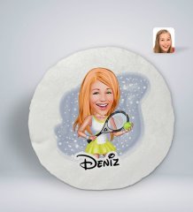 Kişiye Özel İsimli Kadın Tenis Oyuncusu Karikatürlü Yuvarlak Araç Koltuk Yastığı-2