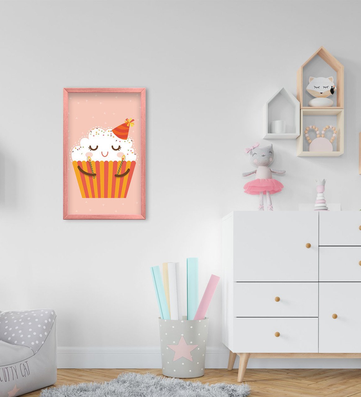 BK Home Sevimli Muffin Tasarımlı Dekoratif Pembe Ahşap Çerçeveli Çocuk Odası Tablo-1