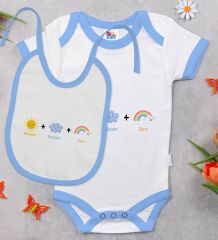 BK Kids Annem Babam Ben Tasarımlı Mavi Bebek Body Zıbın ve Mama Önlüğü Hediye Seti-1
