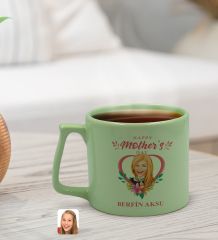 BK Gift Kişiye Özel Karikatürlü Anneler Günü Tasarımlı Pastel Yeşil Middle Kupa Bardak, Anneye Hediye, Anneler Günü Hediyesi-5