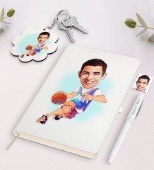 Kişiye Özel Erkek Basketbolcu Karikatürlü Beyaz Defter Kalem ve Anahtarlık Hediye Seti-2