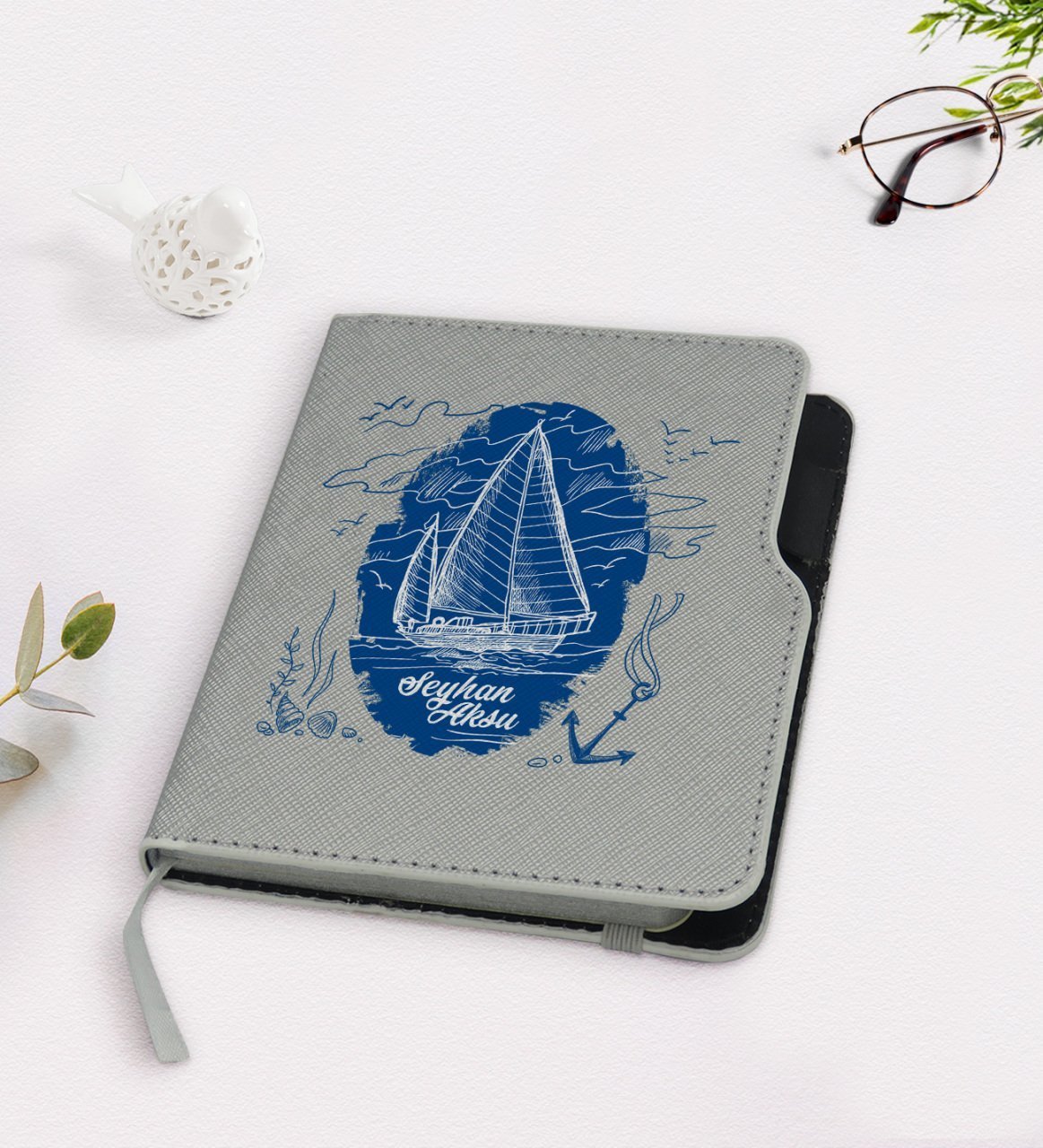 Kişiye Özel Gemi Tasarımlı Gri Termo Deri Defter-2