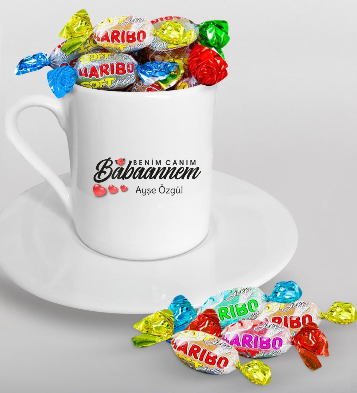 Kişiye Özel Canım Babaannem Tasarımlı Türk Kahvesi Fincanı ve Haribo Şeker Hediye Seti-1