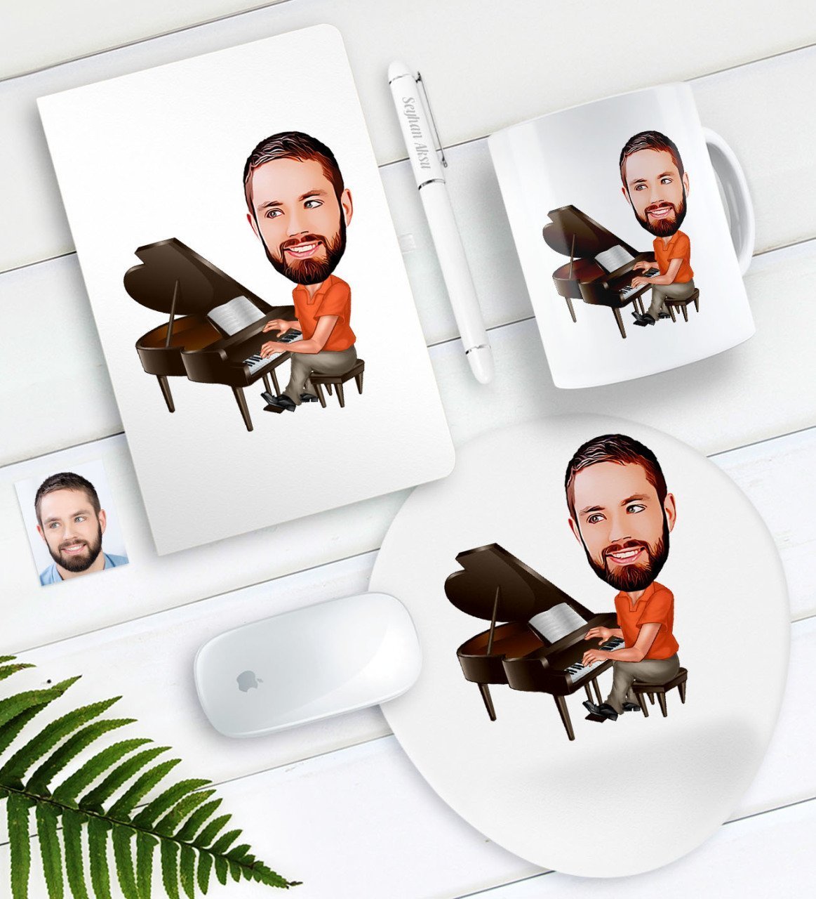 Kişiye Özel Bay Piyanist Karikatürlü Defter Kalem Kupa Mouse Pad Seti
