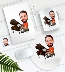 Kişiye Özel Bay Piyanist Karikatürlü Defter Kalem Kupa Mouse Pad Seti