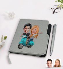 Kişiye Özel Sevgililer Karikatürlü Gri Termo Deri Defter Kalem Seti-99