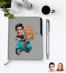 Kişiye Özel Sevgililer Karikatürlü Gri Termo Deri Defter Kalem Seti-99