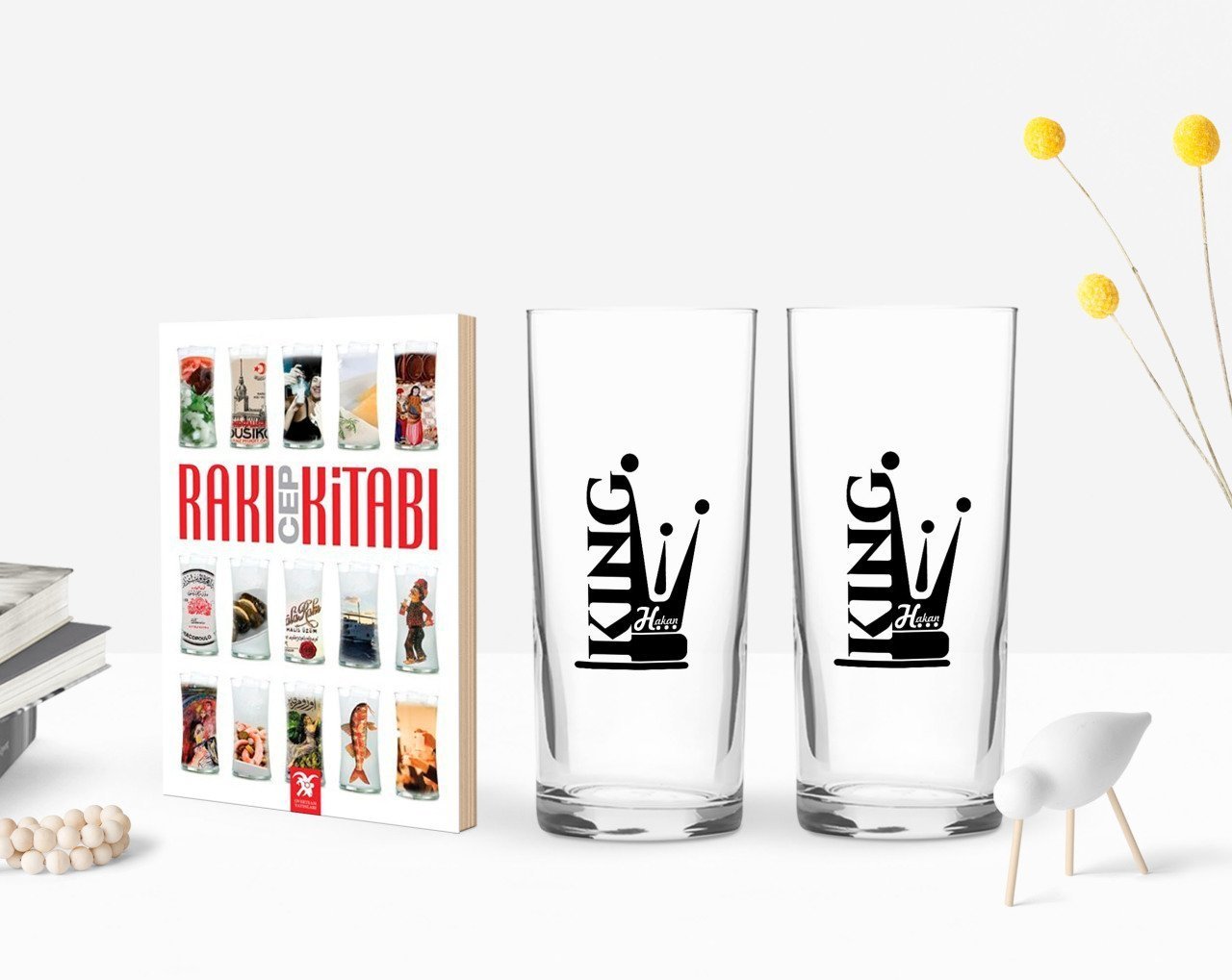 Kişiye Özel Renkli Baskılı King Tasarımlı İkili Rakı Bardağı ve Rakı Cep Kitabı Hediye Seti-1