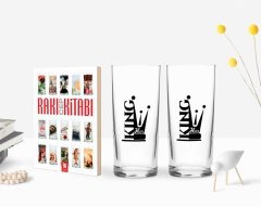 Kişiye Özel Renkli Baskılı King Tasarımlı İkili Rakı Bardağı ve Rakı Cep Kitabı Hediye Seti-1