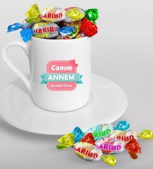 Kişiye Özel Canım Annem Tasarımlı Türk Kahvesi Fincanı ve Haribo Şeker Hediye Seti-2