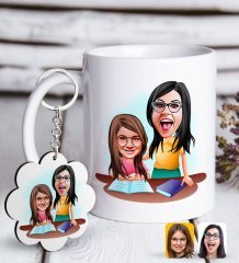 Kişiye Özel Anne Kız Karikatürlü Beyaz Kupa ve Anahtarlık Hediye Seti-1