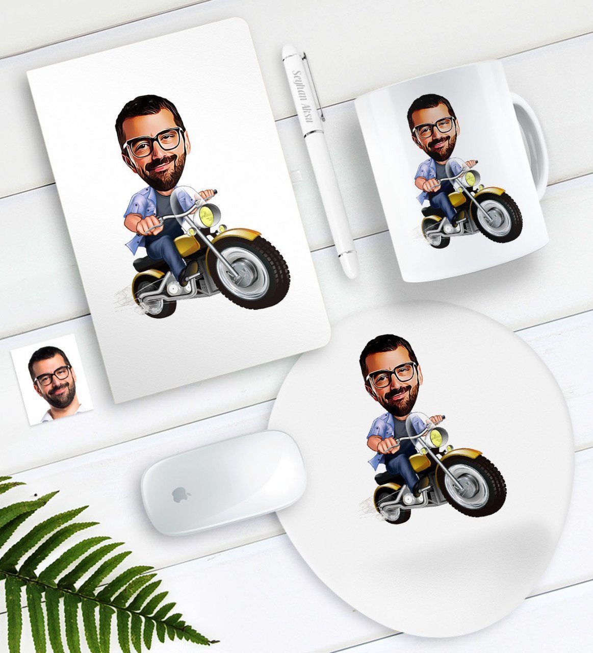 Kişiye Özel Bay Motorcu Karikatürlü Defter Kalem Kupa Mouse Pad Seti