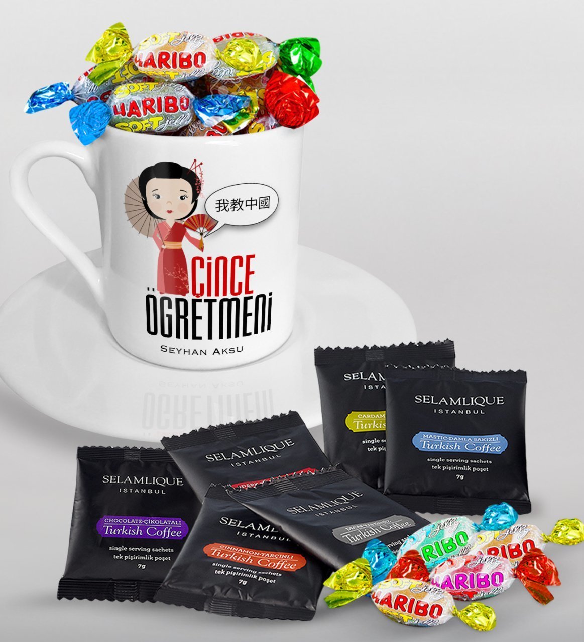 Kişiye Özel Çince Öğretmeni Türk Kahvesi Fincanı Selamlique Karışık Türk Kahvesi ve Haribo Şeker Hediye Seti