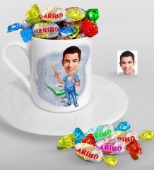 Kişiye Özel Bay Diş Hekimi Karikatürlü Türk Kahvesi Fincanı ve Haribo Şeker Hediye Seti-4