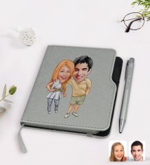 Kişiye Özel Sevgililer Karikatürlü Gri Termo Deri Defter Kalem Seti-98