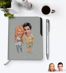 Kişiye Özel Sevgililer Karikatürlü Gri Termo Deri Defter Kalem Seti-98