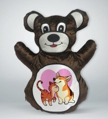 BK Gift Kedi ve Köpek Tasarımlı Kahverengi Ayıcık Yastık-1