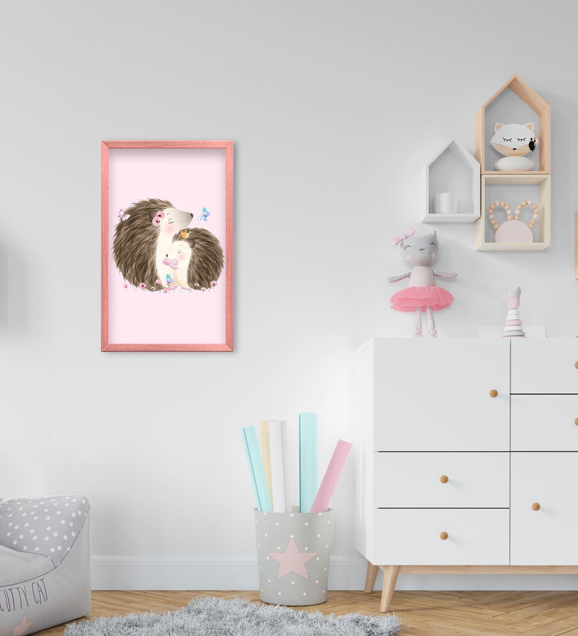 BK Home Sevimli Kirpiler Tasarımlı Dekoratif Pembe Ahşap Çerçeveli Çocuk Odası Tablo-1