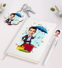 Kişiye Özel Erkek Bankacı Karikatürlü Beyaz Defter Kalem ve Anahtarlık Hediye Seti-3