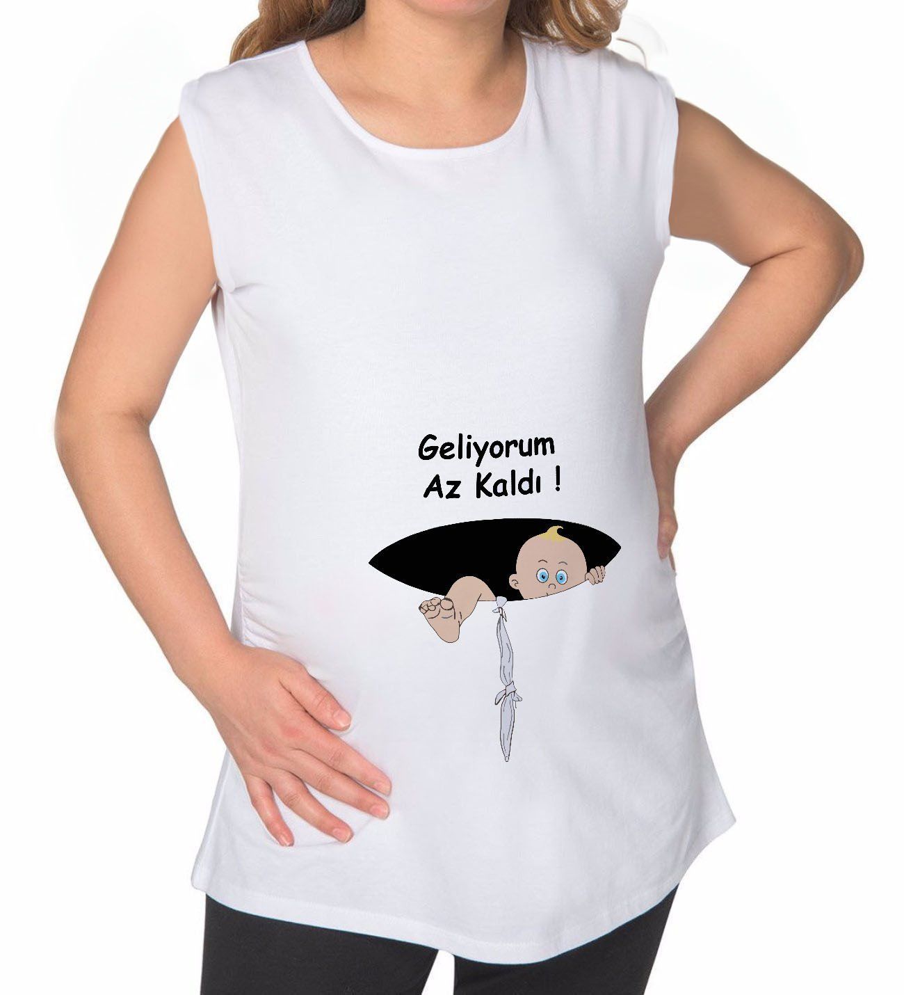 BK Gift Esprili Tasarım Beyaz Sıfır Kol Hamile Tişört-3, Hamile Giyim, Eşe Hediye