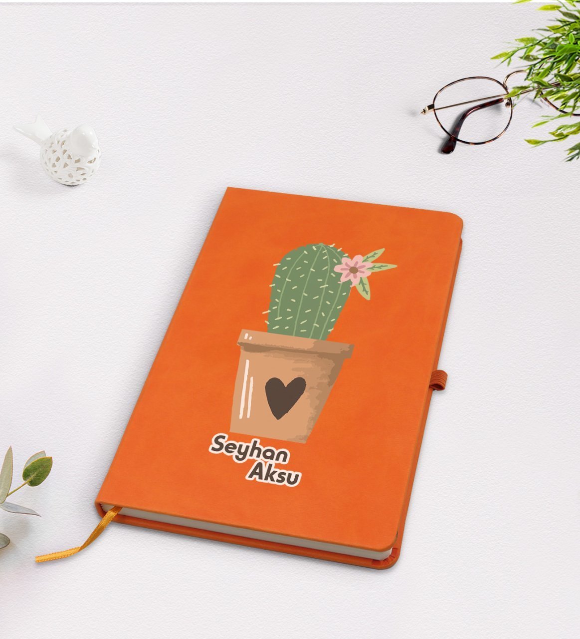 Kişiye Özel Kaktüs Tasarımlı Turuncu Termo Deri Defter Model 6
