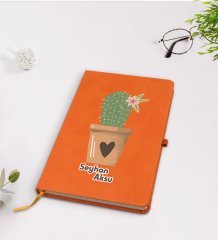 Kişiye Özel Kaktüs Tasarımlı Turuncu Termo Deri Defter Model 6