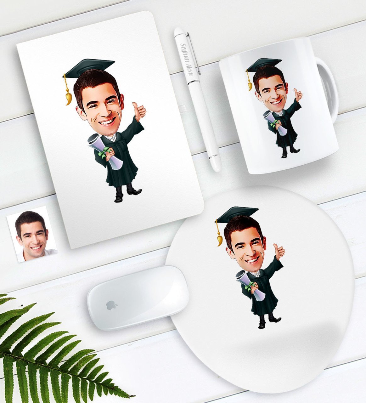 Kişiye Özel Bay Mezun Karikatürlü Defter Kalem Kupa Mouse Pad Seti