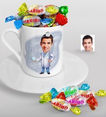 Kişiye Özel Bay Diş Hekimi Karikatürlü Türk Kahvesi Fincanı ve Haribo Şeker Hediye Seti-3