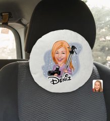 Kişiye Özel İsimli Kadın Fotoğrafçı Karikatürlü Yuvarlak Araç Koltuk Yastığı-1