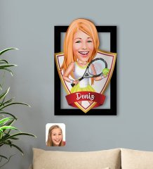 Kişiye Özel İsimli Kadın Tenis Oyuncusu Karikatürlü 3D Ahşap Tablo-2