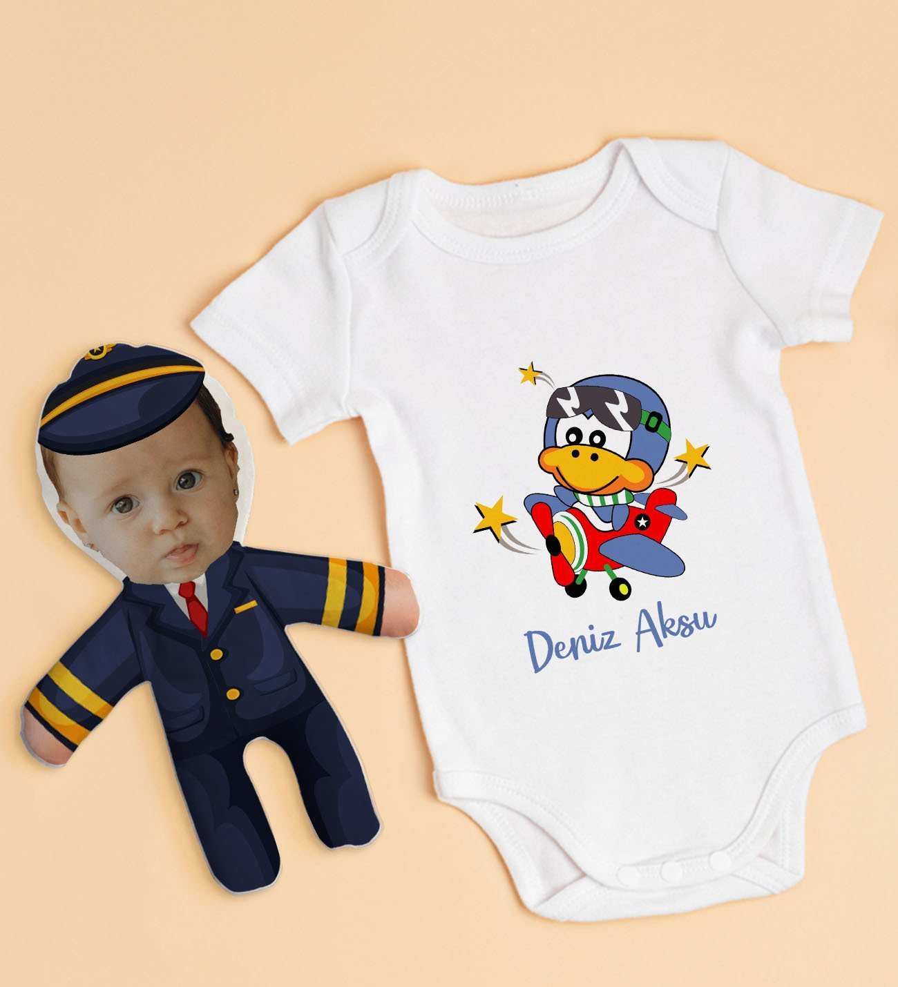 BK Kids Kişiye Özel Fotoğraflı Bebek Yastık ve Bebek Body Zıbın Hediye Seti - Model 39