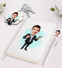 Kişiye Özel Erkek Bankacı Karikatürlü Beyaz Defter Kalem ve Anahtarlık Hediye Seti
