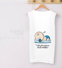 BK Gift Esprili Tasarım Beyaz Sıfır Kol Hamile Tişört-2, Hamile Giyim, Eşe Hediye