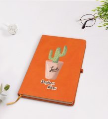 Kişiye Özel Kaktüs Tasarımlı Turuncu Termo Deri Defter Model 5