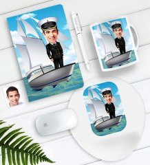 Kişiye Özel Bay Gemi Kaptanı Karikatürlü Defter Kalem Kupa Mouse Pad Seti