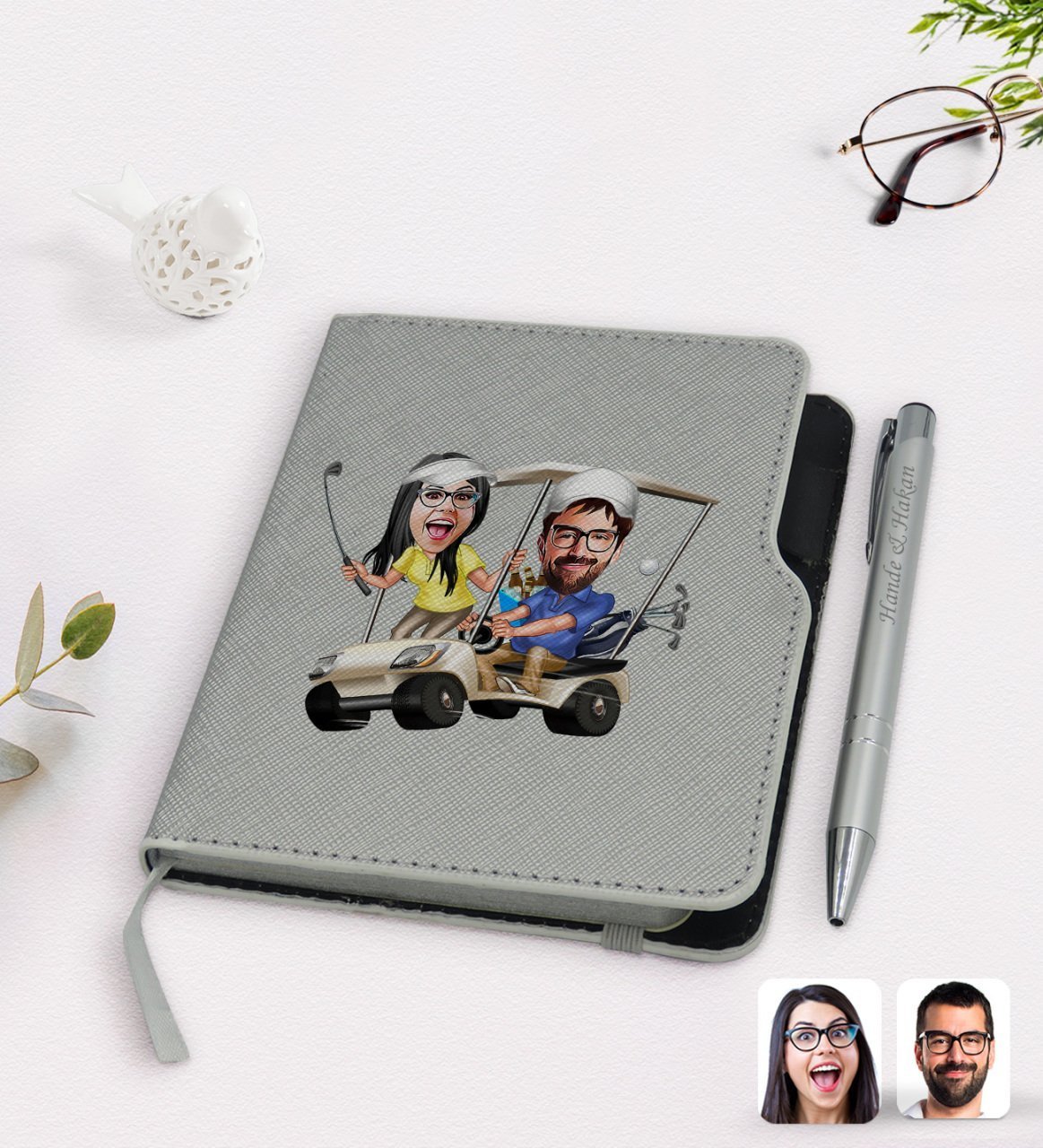 Kişiye Özel Sevgililer Karikatürlü Gri Termo Deri Defter Kalem Seti-96