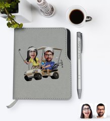 Kişiye Özel Sevgililer Karikatürlü Gri Termo Deri Defter Kalem Seti-96