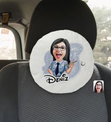Kişiye Özel İsimli Kadın Polis Karikatürlü Yuvarlak Araç Koltuk Yastığı-1