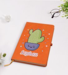 Kişiye Özel Kaktüs Tasarımlı Turuncu Termo Deri Defter Model 4