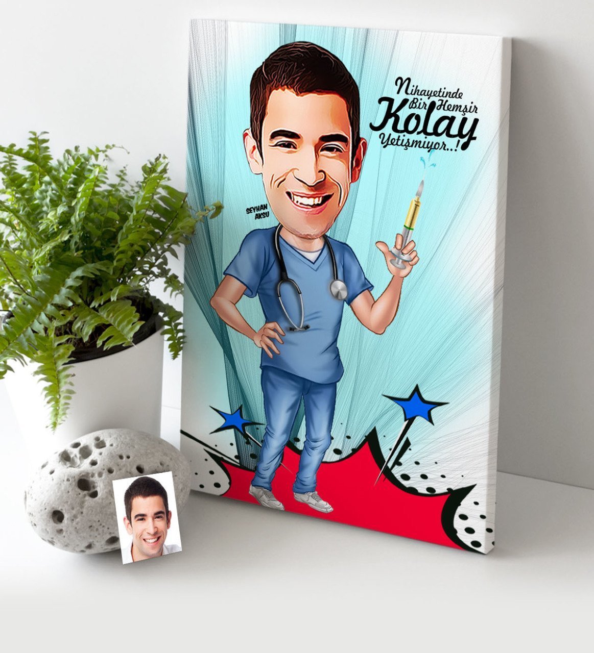 Kişiye Özel Bay Hemşir Karikatür Kanvas Tablo (30 x 50 cm.) 1