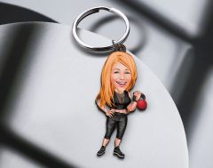 BK Gift Kişiye Özel Kadın Fitnessci Karikatürlü Ahşap Anahtarlık-1 Sevgiliye Hediye, Arkadaşa Hediye, Doğum Günü Hediyesi