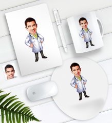 Kişiye Özel Bay Doktor Karikatürlü Defter Kalem Kupa Mouse Pad Seti